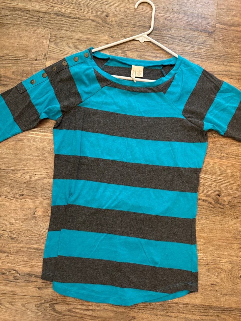 Red Camel Teal and Charcoal Striped Short Sleeve Tee with Shoulder Buttons